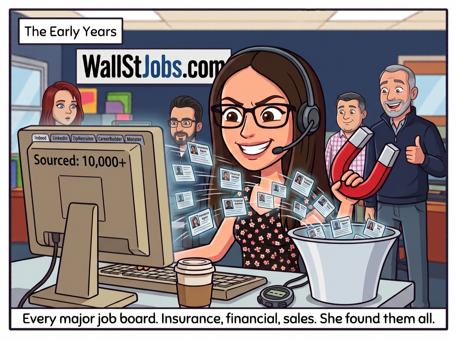 The Early Years. Terri pulling insurance, financial and sales candidates from the job boards with a magnet while Rob, Vin, Myles and Michelle look on amazed.