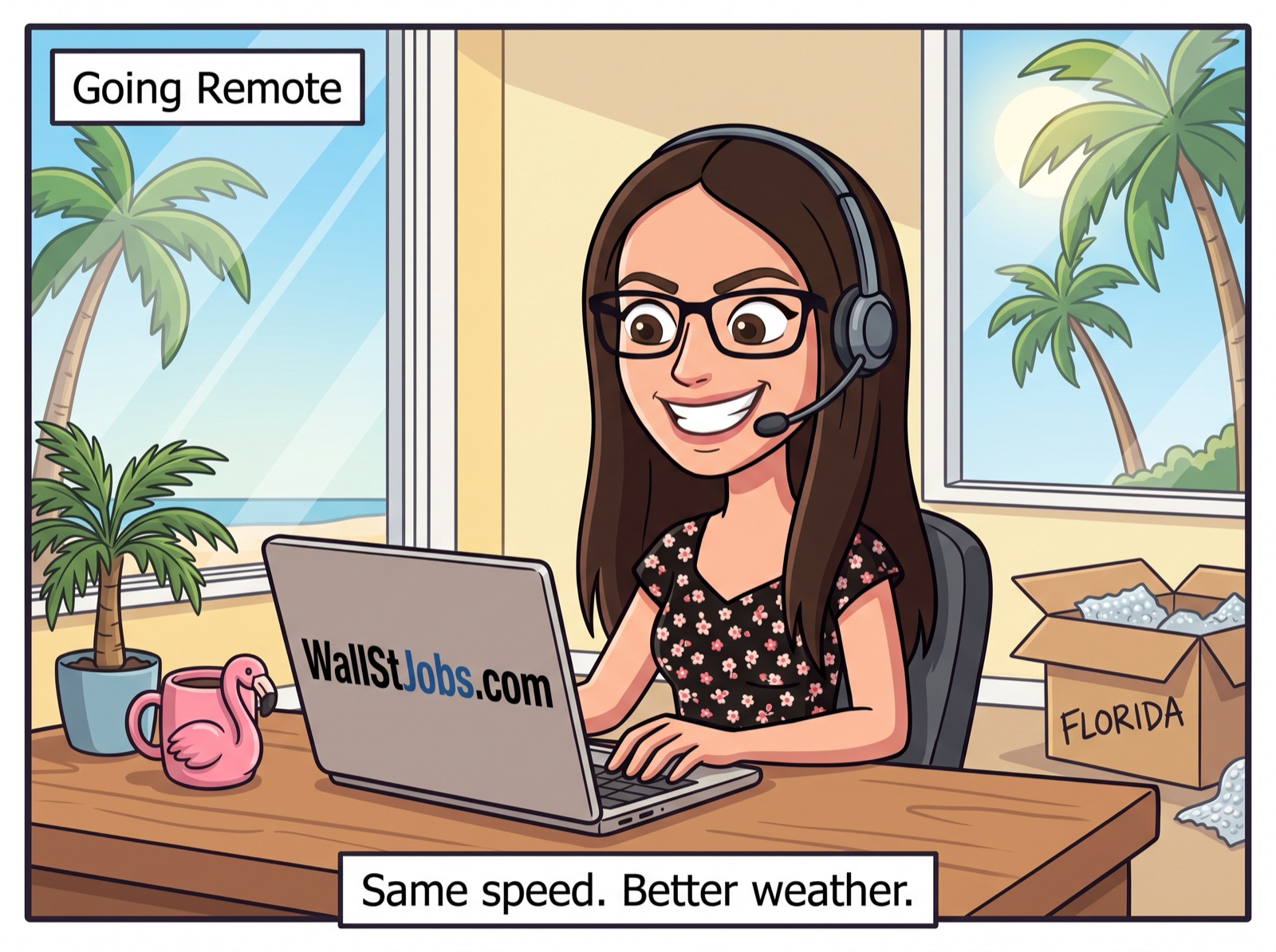 Going Remote. Terri at a home office in Florida with palm trees outside. Same speed, better weather.