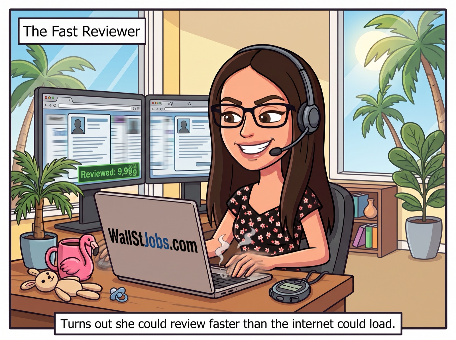 The Fast Reviewer. Terri reviewing online resumes so fast the counter spins and the keyboard smokes.
