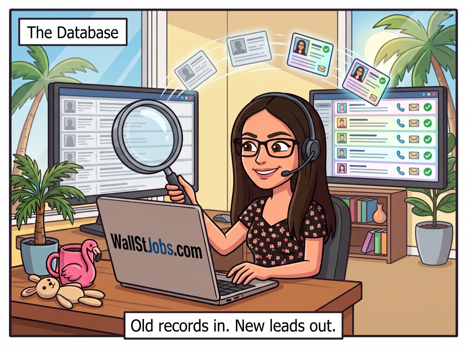 The Database. Terri with a magnifying glass over old grey candidate records on one screen, and the same records refreshed with new phone and email details on the other.